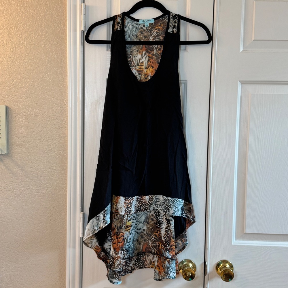 Women's Sleeveless Black Tank Blouse w/ Animal Print Leaves Sheer Back SzL HiLo‎